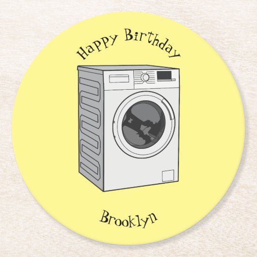 洗濯機の漫画イラストレーション ラウンドペーパーコースター (正面)