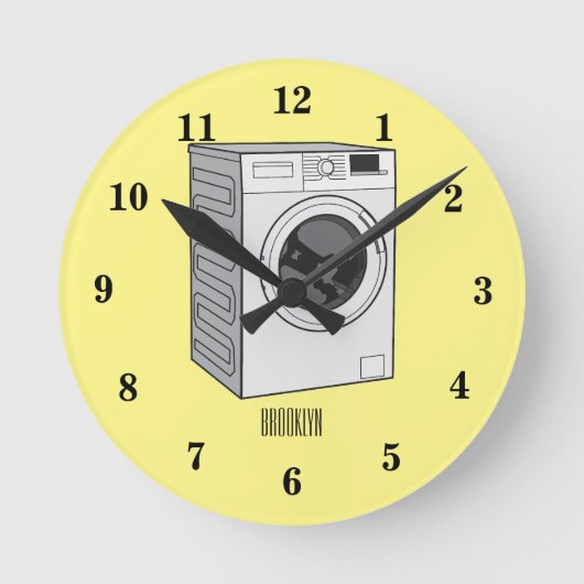 洗濯機の漫画イラストレーション ラウンド壁時計 (正面)