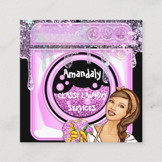 洗濯洗浄サービスQRコードブラック スクエア名刺 (正面)