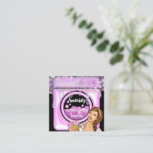 洗濯洗浄サービスQRコードブラック スクエア名刺 (スタンド正面)