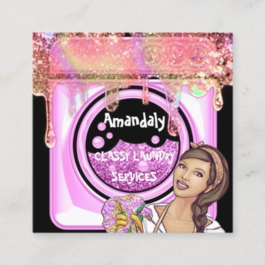 洗濯洗浄サービスQRコードブラック スクエア名刺 (正面)