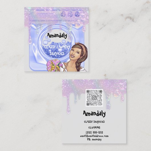 洗濯洗浄サービスQRコードブルーグレー スクエア名刺 (正面/裏面)