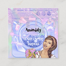 洗濯洗浄サービスQRコードブルーピンク スクエア名刺