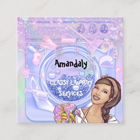 洗濯洗浄サービスQRコードブルーピンク スクエア名刺 (正面)