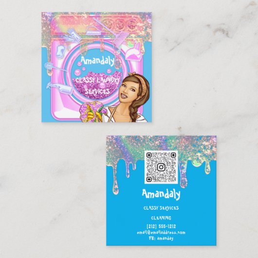 洗濯洗浄サービスQRCodeブルーピンク スクエア名刺 (正面/裏面)