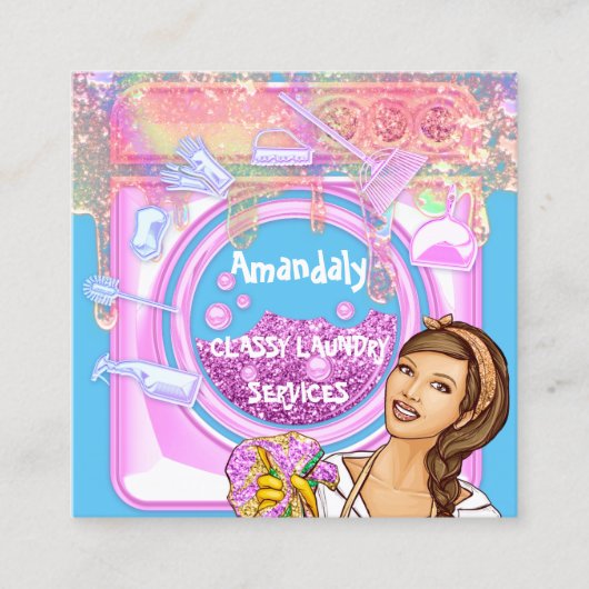 洗濯洗浄サービスQRCodeブルーピンク スクエア名刺 (正面)