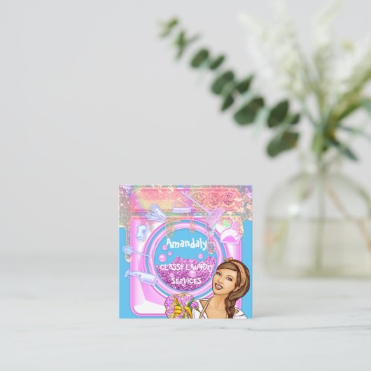 洗濯洗浄サービスQRCodeブルーピンク スクエア名刺 (スタンド正面)