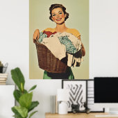 洗濯物かごで笑顔の主婦 ポスター (ホームオフィス)