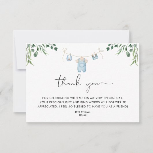 洗濯青い緑の赤ちゃんシャワー サンキューカード (正面)