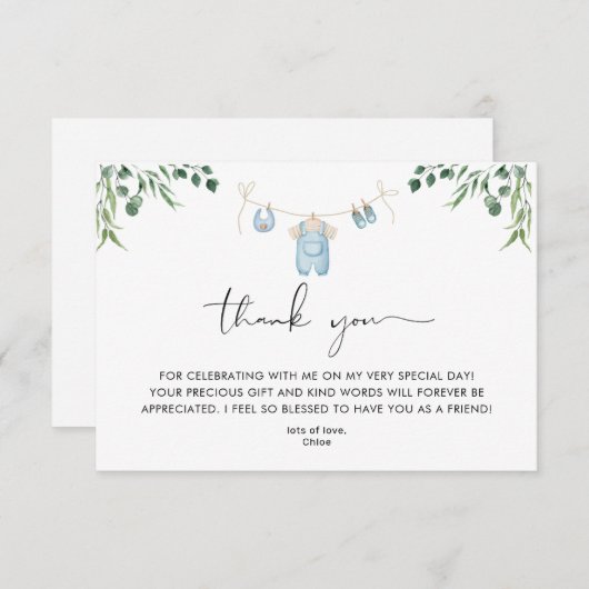 洗濯青い緑の赤ちゃんシャワー サンキューカード (正面/裏面)