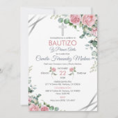 洗礼と１歳の誕生日 スペイン風ピンクのバラ 招待状 (正面)