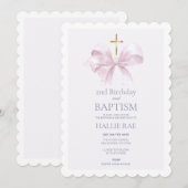 洗礼と２歳の誕生日　モダンピンクのボウ 招待状 (正面/裏面)