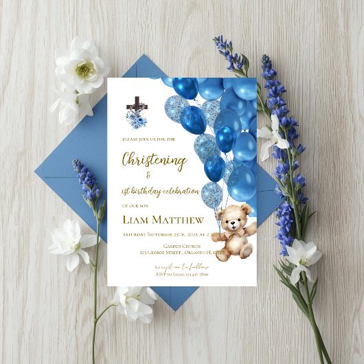 洗礼と1歳の誕生日招待状（風船） 招待状