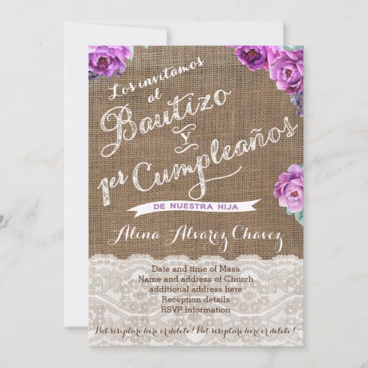 洗礼と1歳の誕生日、スペイン語招待状（カステリャーノ） 招待状 (正面)