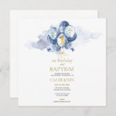 洗礼と1歳の誕生日 ネイビー&ゴールドの招待状 招待状 (正面/裏面)