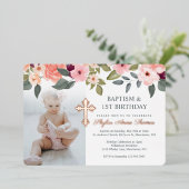 洗礼と1歳誕生日水彩花の写真 箔招待状 (立ち正面)