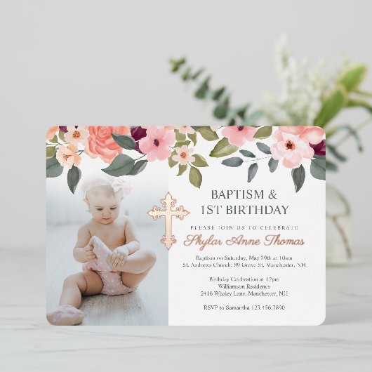 洗礼と1歳誕生日水彩花の写真 箔招待状 (立ち正面)
