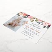 洗礼と1歳誕生日水彩花の写真 箔招待状 (回転した状態)