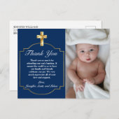 洗礼のお礼 - エレガントな青と金のクロス - 男の子 ポストカード (正面/裏面)