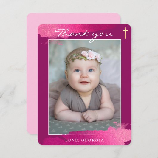 洗礼のお礼　ゴールドの十字架　濃いピンク 招待状 (正面/裏面)