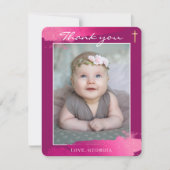 洗礼のお礼　ゴールドの十字架　濃いピンク 招待状 (正面)