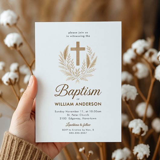 洗礼のご案内 ゴールドのクロスとオリーブの葉のエレガントなデザイン 招待状