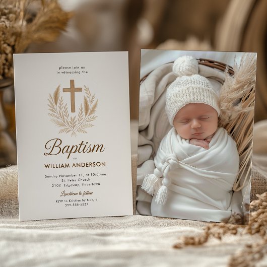 洗礼のご案内 ゴールドのクロスとオリーブの葉のエレガントなデザイン 招待状