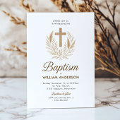 洗礼のご案内　ゴールドのクロスとオリーブの葉のエレガントなデザイン 招待状