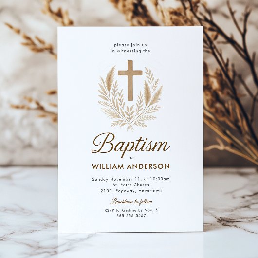 洗礼のご案内 ゴールドのクロスとオリーブの葉のエレガントなデザイン 招待状