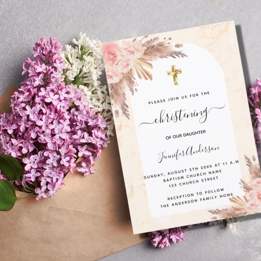 洗礼のパンパスグラス ローズ ブラッシュ マーブル ガール 招待状