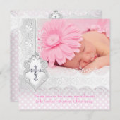洗礼のピンクの白人のレースの写真の宝石の十字の女の子 招待状 (正面/裏面)