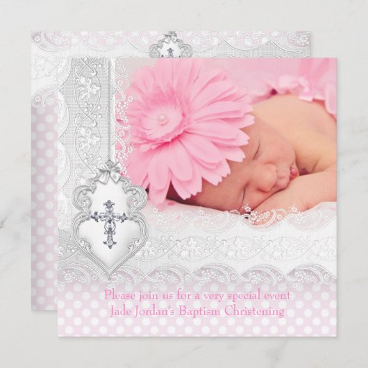 洗礼のピンクの白人のレースの写真の宝石の十字の女の子 招待状 (正面/裏面)