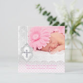 洗礼のピンクの白人のレースの写真の宝石の十字の女の子 招待状 (スタンド正面)