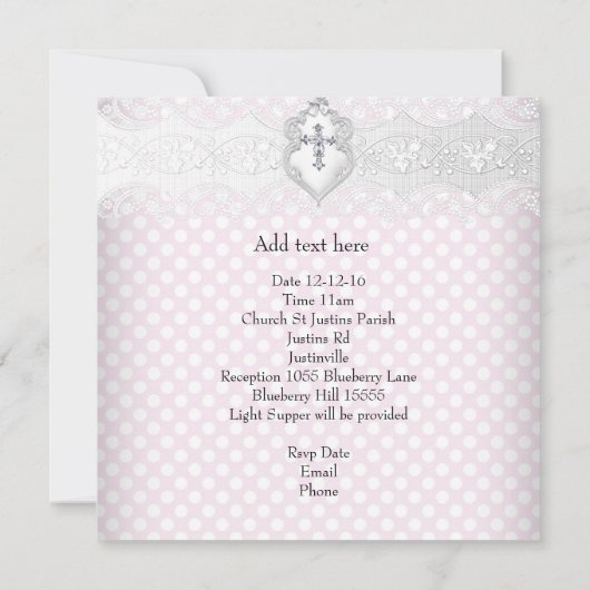 洗礼のピンクの白人のレースの写真の宝石の十字の女の子 招待状 (裏面)