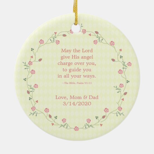 洗礼のピンクの花のリース セラミックオーナメント (裏面)