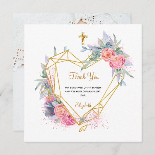 洗礼のピンクの花の写真の女の子ありがとう (正面/裏面)