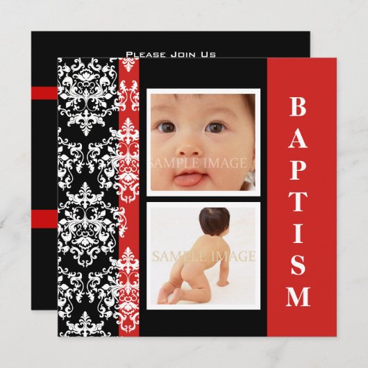 洗礼のモダンなダマスク織の写真は個人化なります 招待状 (正面/裏面)