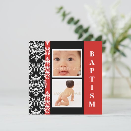 洗礼のモダンなダマスク織の写真は個人化なります 招待状 (スタンド正面)