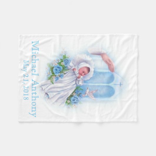 洗礼の十字の男の赤ちゃんの青の花 フリースブランケット (正面(横))