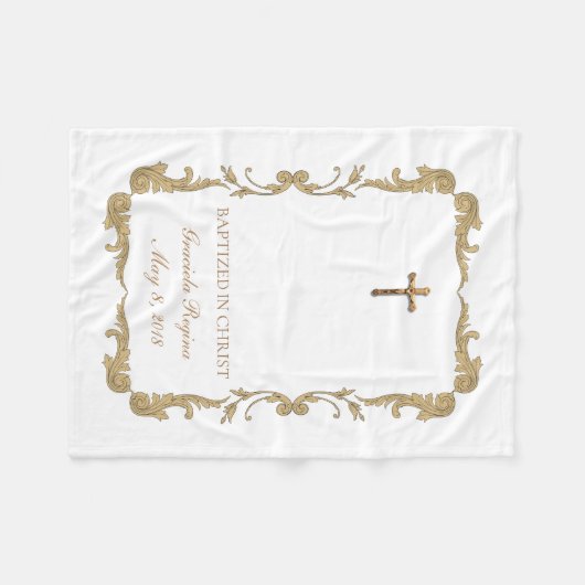 洗礼の十字の金ゴールドの十字架像フレーム フリースブランケット (正面(横))