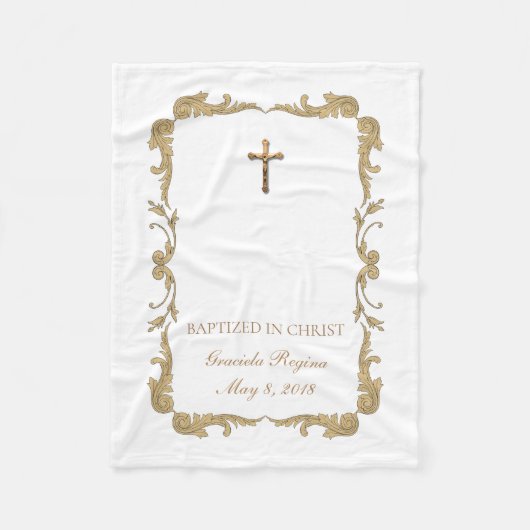 洗礼の十字の金ゴールドの十字架像フレーム フリースブランケット (正面)