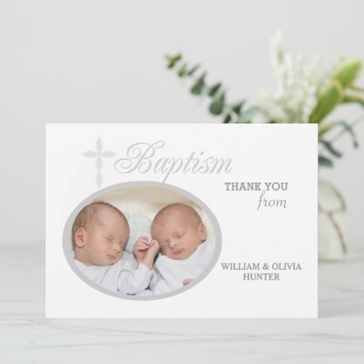 洗礼の単語の銀の写真はNotecard #2感謝していしています 招待状 (スタンド正面)