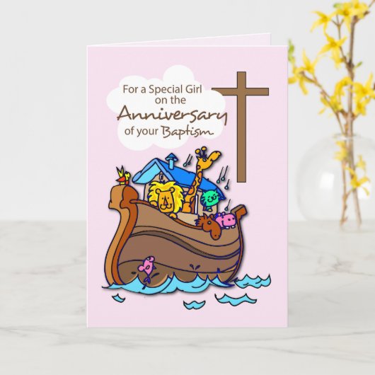 洗礼の女の子のノアの箱舟の記念日 カード (黄色い花)