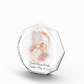 洗礼の女の子のピンクの花の鳩の十字 フォトブロック (右)