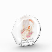 洗礼の女の子のピンクの花の鳩の十字 フォトブロック (左)