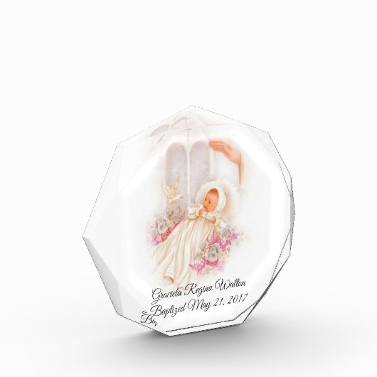 洗礼の女の子のピンクの花の鳩の十字 フォトブロック (左)