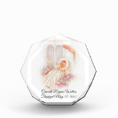 洗礼の女の子のピンクの花の鳩の十字 フォトブロック (正面)