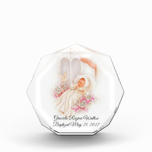 洗礼の女の子のピンクの花の鳩の十字 フォトブロック