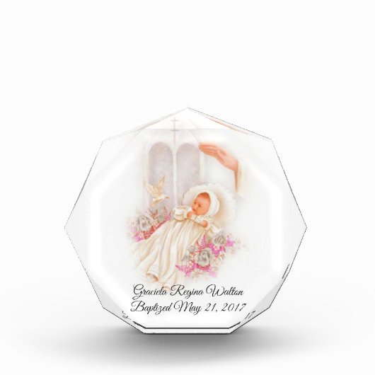 洗礼の女の子のピンクの花の鳩の十字 フォトブロック (正面)