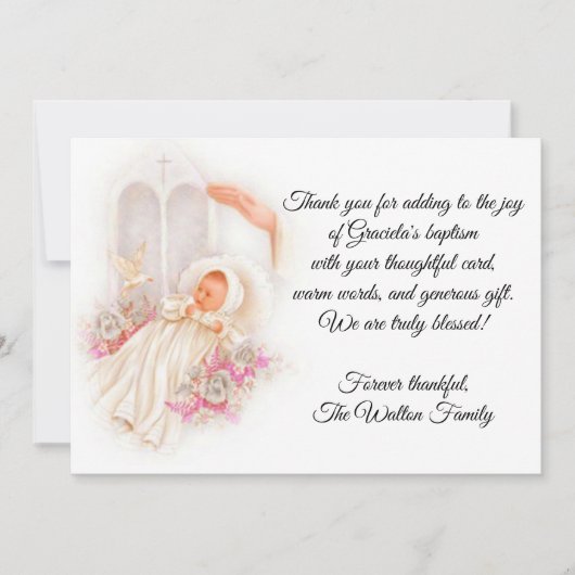 . .洗礼の女の子ピンクの花ありがとう サンキューカード (正面)